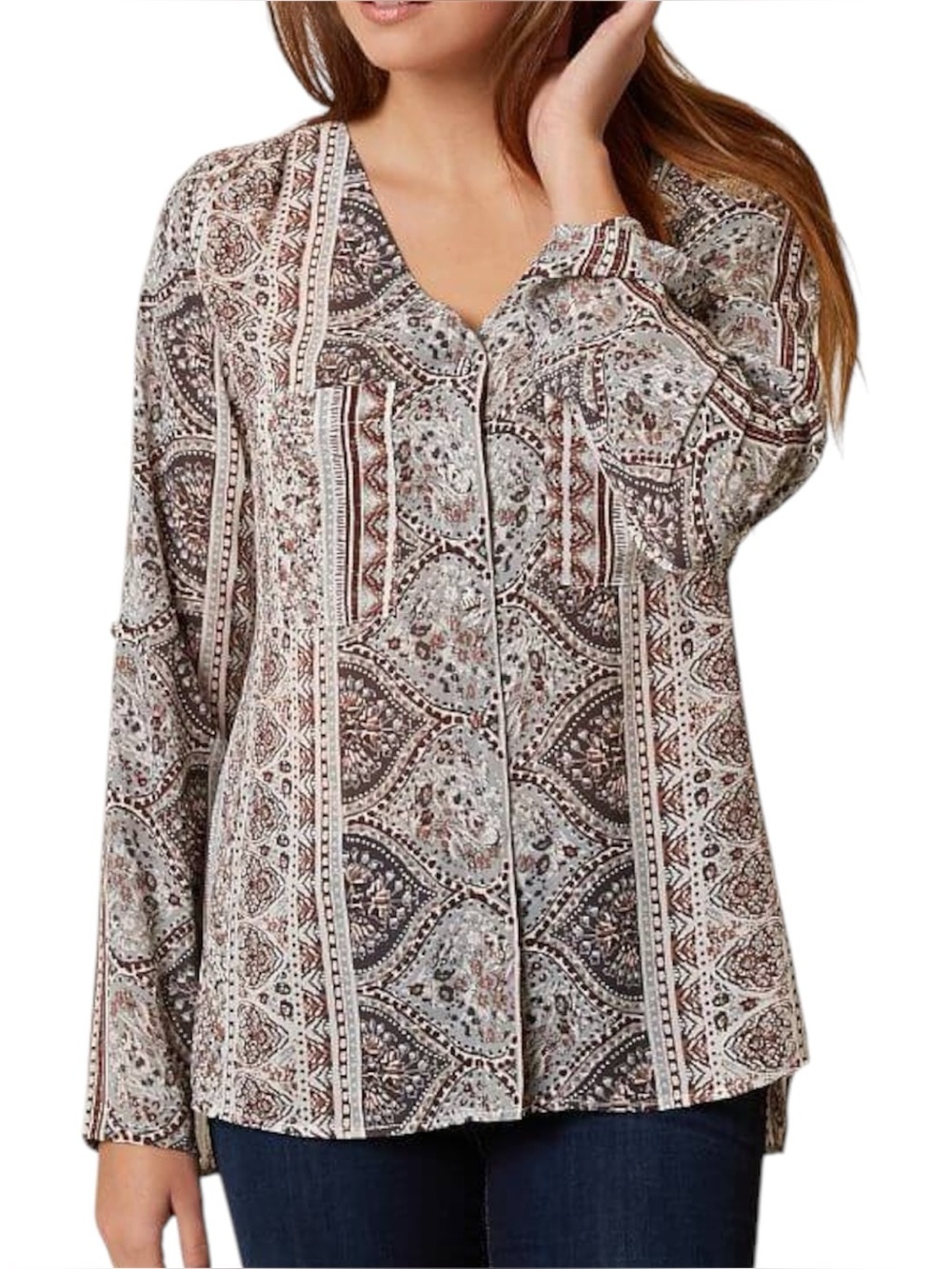 Buckle BKE Chiffon Blouse Multi Print Button Down V Neck High Low M Boho Western